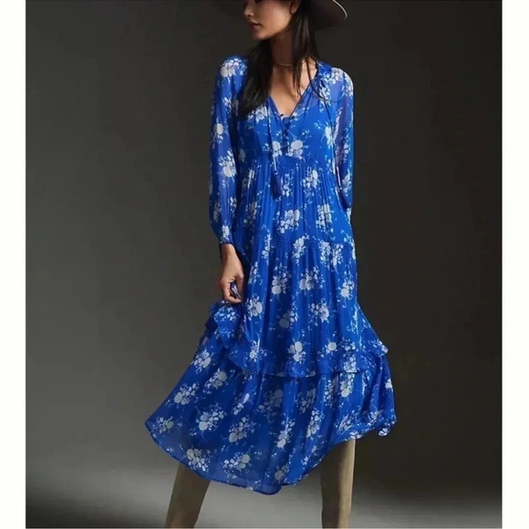 Anthropologie The Marais Printed Chiffon Maxi Dress Long Sleeve Blue Floral 1X - Picture 1 of 13